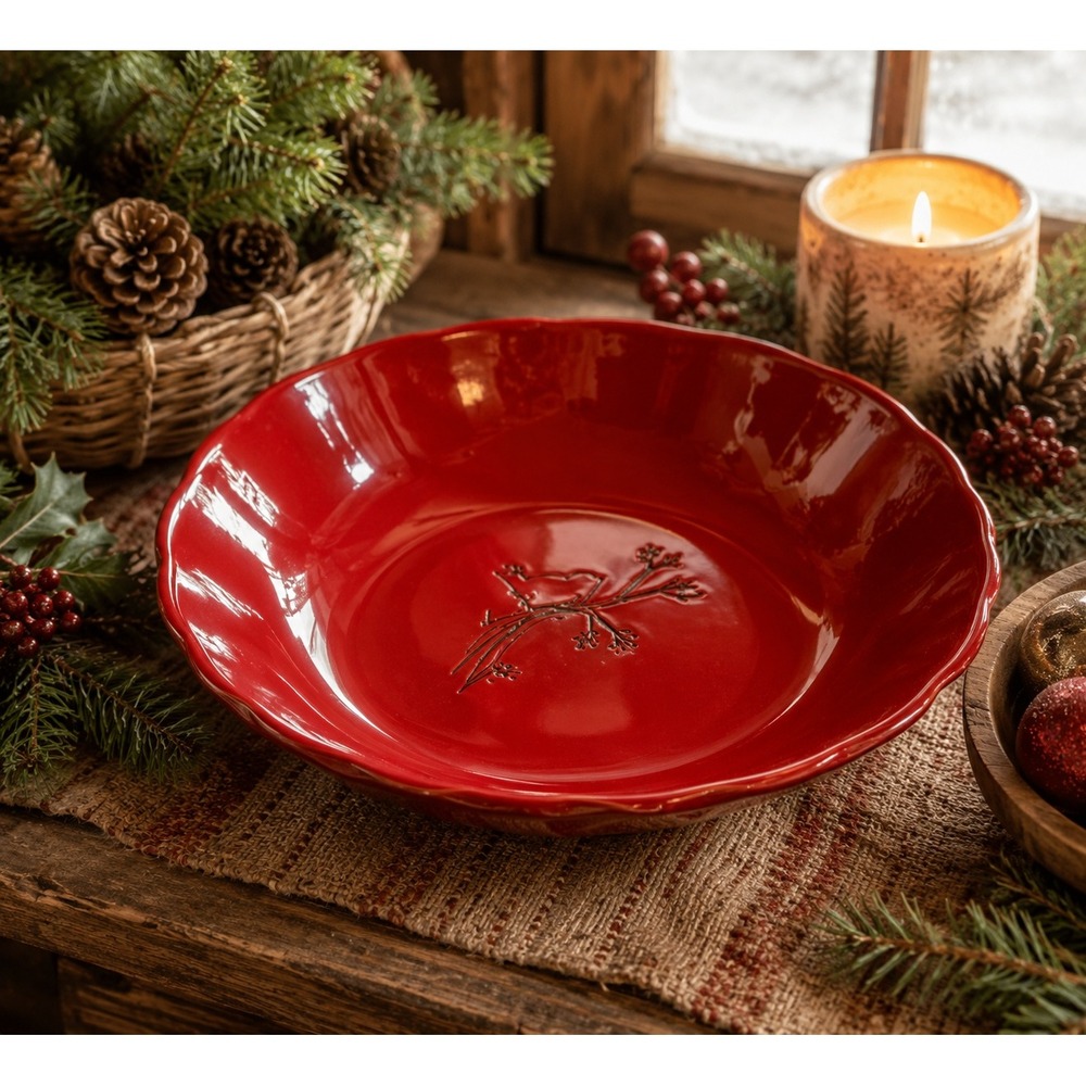 TAG Red Pottery Serving Bowl Embossed Bird Branch Ceramic Centerpiece